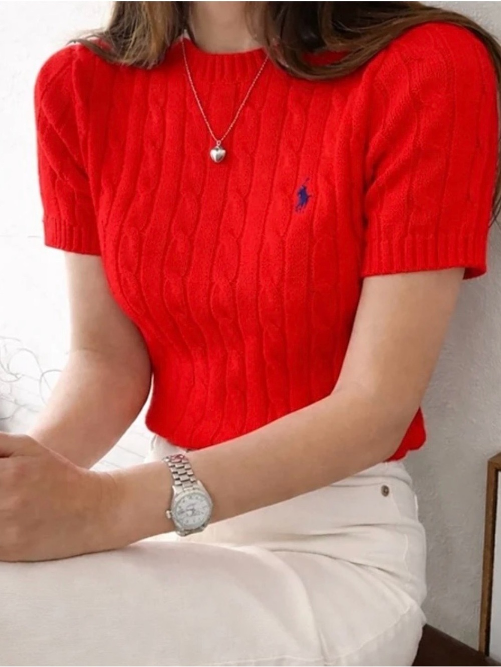 Ralph Lauren Polo Women’s 100% Cotton Cable Knit Short Sleeve Sweater Red NWT L - Picture 5 of 16